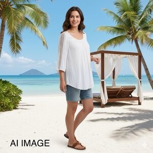 UNIQUE SPECTRUM Women's Size XL White Blouse Lace Detailing Beach Vacation #560